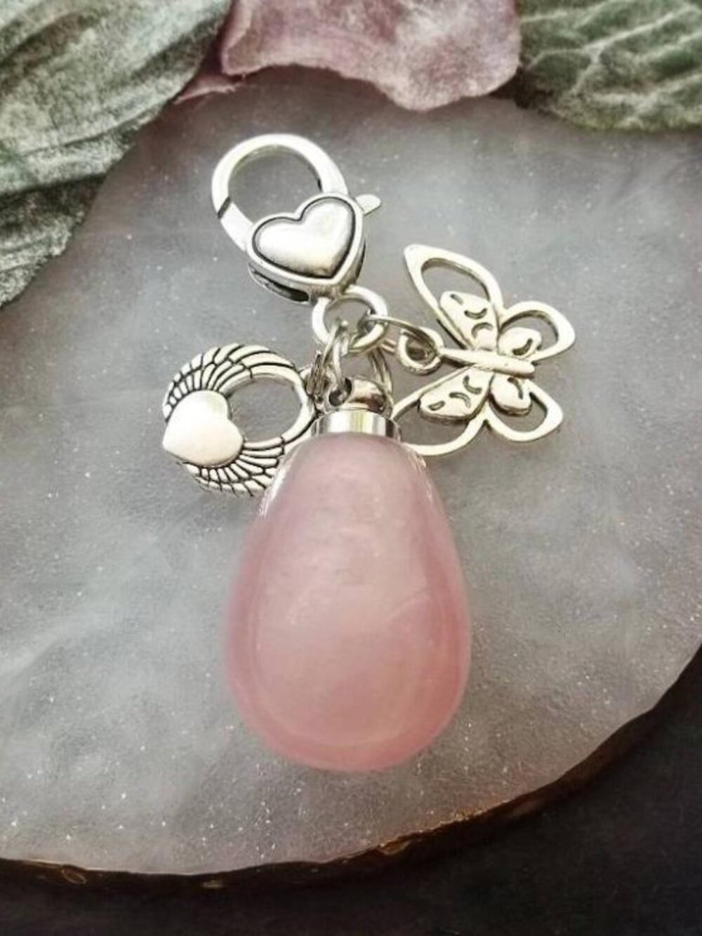 Rose Quartz Crystal Keychain Locket Bag Charm Butterfly Gemstone Keepsake Gift